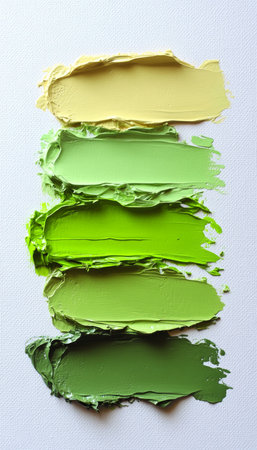 Five Shades of Green Oil Paint Brush Strokes, Vibrant Green Color Palette on White Backgroundの素材