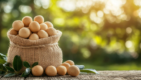 Fresh Longan Fruits in Burlap Sack. Exotic Fruits, Longan on Wooden Table with Natural Background.の素材