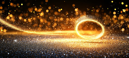 Golden Circle Sparkle On Glittering Surface, Festive Abstract Background With Bokeh Lightsの素材