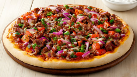Delicious Homemade Pizza with Minced Meat, Onions, Peppers, and Fresh Herbs on a Wooden Boardの素材