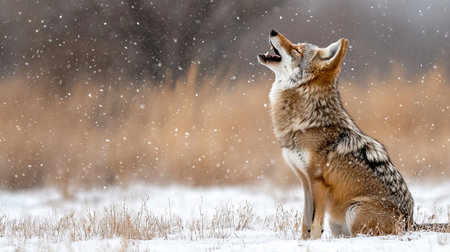 Coyote Howling in Winter Wonderland, Snowfall in Wildlife, Majestic Predator Vocalizationの素材