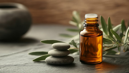 Essential Oil in Glass Bottle with Green Sprig and Balancing Stones on Dark Wooden Backgroundの素材