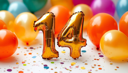 Golden Number 14 Foil Balloons Surrounded by Colorful Balloons and Confetti on White Backgroundの素材