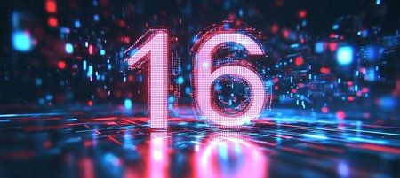 Glowing Digital Single Big 3D Number 16 Stands on Abstract Illuminated Technology Background.の素材