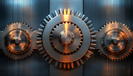 Metallic Silver Gears Interlocking With Sleek Background, Concept Of Interconnectednessの素材