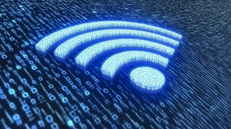 Glowing wifi symbol on blue digital background, internet networking technology concept.の素材