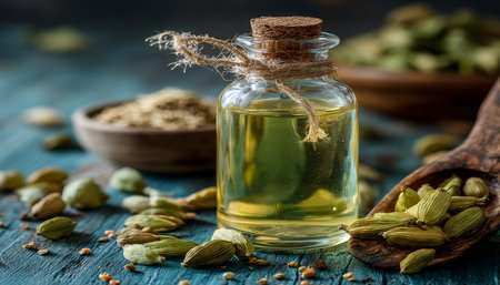 Cardamom Essential Oil, Whole Cardamom Pods, and Cardamom Seeds on a Rustic Wooden Tableの素材