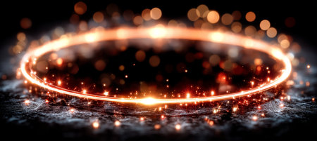 Glowing Red Light Circle, Sparkles, And Grey Glitter Spark Particles On A Black Textured Backgroundの素材