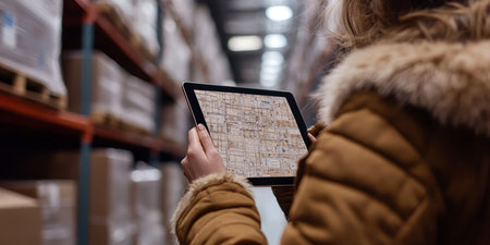 Woman Uses Digital Warehouse Management System On Tablet Computer for Inventory Managementの素材