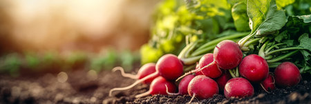 Fresh Radishes in Garden Bed A Close-Up View of Homegrown Vegetables Bathed in Sunlightの素材