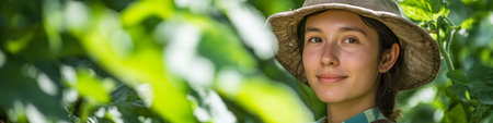 Portrait of a Young Woman Smiling, Framed by Lush Green Plants, Concept Sustainable Agricultureの素材