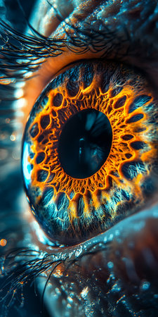 Intricately Lit Iris Scan A Close-Up Look at the Unique Patterns and Colors of the Human Eyeの素材
