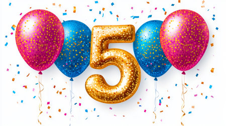 Golden Number 5 Balloon Celebration with Colorful Balloons and Confetti on White Backgroundの素材