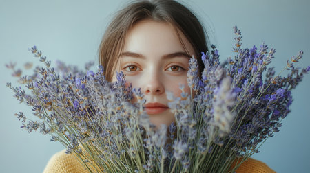 Portrait of a Beautiful Young Woman with Natural Makeup and Lavender, Isolated on a Blue Backgroundの素材