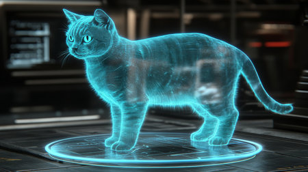 Holographic Cat Projection, Feline Futurism Modern Innovation and Digital Space Exploration.の素材