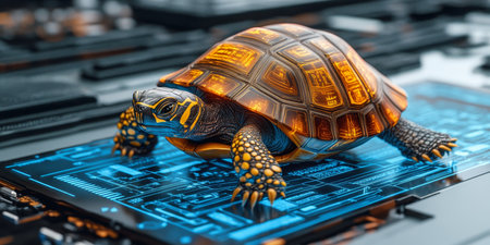 Futuristic Turtle Exploring Holographic Cyberspace, a Symbol of Technology Innovation..の素材