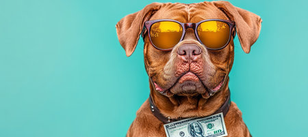 Cool Canine Studio Portrait of a Dog with Sunglasses and Cash on a Vibrant Blue Backgroundの素材