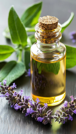 Clary Sage Essential Oil in Glass Bottle with Fresh and Dried Clary Sage on Rustic Wooden Backgroundの素材