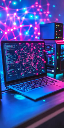 Vaporwave Neon Laptop Reflecting Colorful Network Nodes In Abstract Cyberspace Composition.の素材