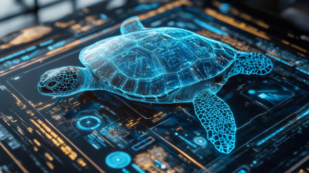 Futuristic Blue Holographic Turtle in Digital Space, Modern Technology and Innovation Conceptの素材