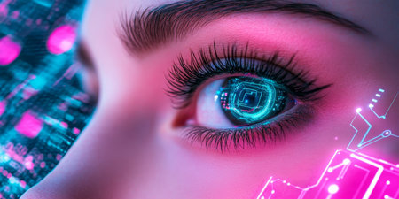 Close Up of Woman s Eye with Glowing Futuristic Technology, Ethics of Artificial Intelligenceの素材