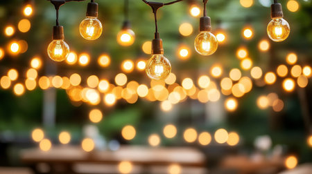 Warm Glowing String Lights Illuminating an Outdoor Festive Gathering, Creating a Magical Ambiance.の素材