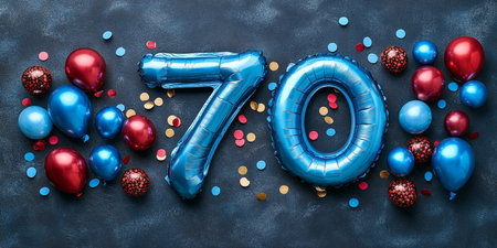 Blue Number 70 Balloons With Confetti And Party Balloons On A Blue Textured Backgroundの素材