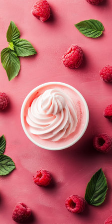 Bowl of Raspberry Sorbet with Fresh raspberries and Mint on a Pink Background, Food Photographyの素材
