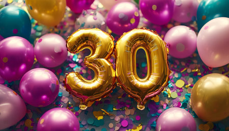 Golden Number 30 Balloons With Festive Colorful Balloons and Confetti For 30th Birthday Celebrationの素材