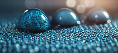 Shiny Water Beads Resting on Blue Metallic Texture Surface, Showing Hydrophobic Effect.の素材
