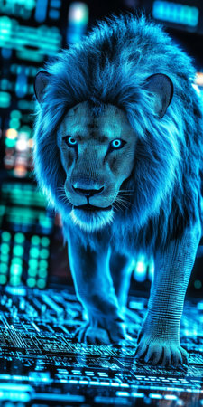 Futuristic Holographic Lion in Digital Space Symbolizing Modern Technological Powerの素材