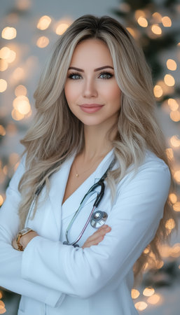 Confident Female Doctor in White Coat with Stethoscope, Arms Crossed on Blue Bokeh Backgroundの素材