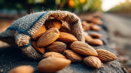 Freshly Harvested Almonds Spilling from a Rustic Burlap Sack in a Scenic Orchard Settingの素材