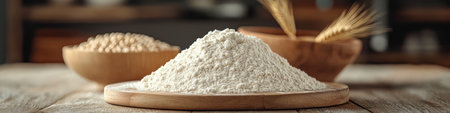 Mound of Flour on a Rustic Wooden Cutting Board with Grains and Wheat Ears, Baking Conceptの素材