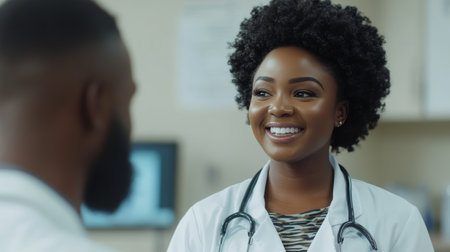Smiling, Caring Female Doctor Conducts Regular Checkup, Providing Reassurance To Her Patientの素材