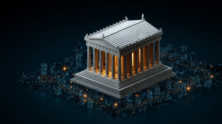 Neoclassical Bank in Neon City A Glimpse into The Future of Digital Banking and Fintech Innovation.の素材