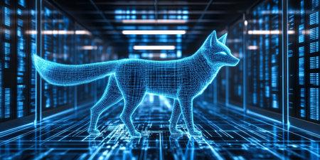 Holographic Fox in Digital Landscape Embracing Modern Technology and Futuristic Innovation.の素材