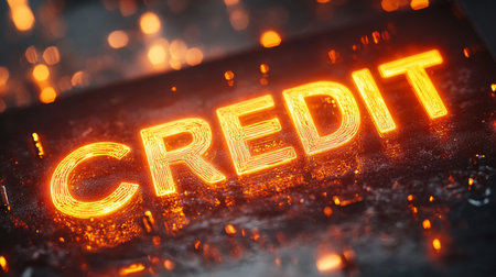 Orange Neon Credit Sign Glowing On A Gritty Abstract Background, Finance And Security Conceptの素材