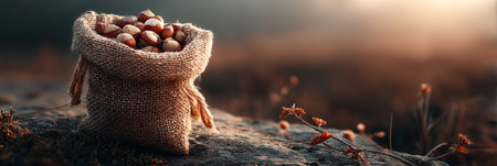 Burlap Sack Overflowing with Hazelnuts, Bathed in the Golden Light of an Autumn Sunsetの素材