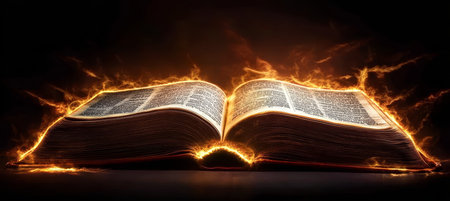 Open Ancient Book With Glowing. Illuminated Text And Shining Pages On A Black Backgroundの素材