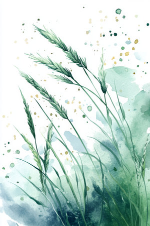 Gentle Breeze, Watercolor Wild Grass, Green Botanical Art Print, Abstract Nature Illustrationの素材