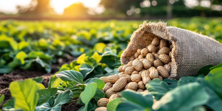 Sack of Freshly Harvested Peanuts in a Field Autumn Harvest, Agriculture, and Farming Conceptの素材