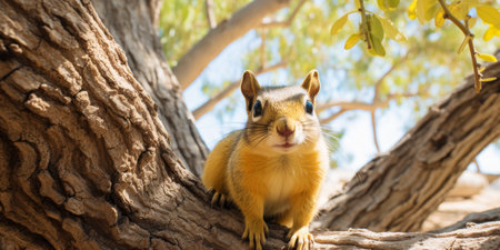 Curious Ground Squirrel Perched on Sun-Dappled Tree Branch, Enjoying Warmth on a Sunny Dayの素材