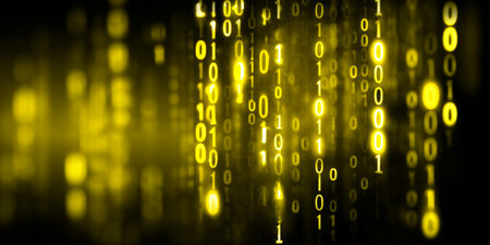 Vertical Streams of Glowing Yellow Digital Binary Code Data Flowing on a Black Backgroundの素材