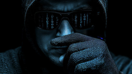 Cybersecurity Threat, Hacker in Shadow with Binary Code. Digital Crime and Cyber Warfare Concept.の素材