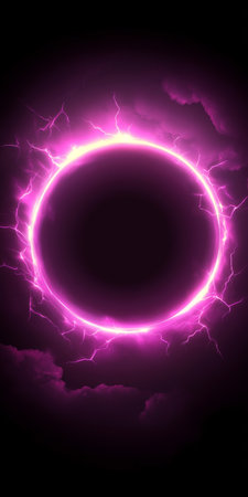 Neon Pink Geometric Circle on Dark Black Background, Abstract Energy Design with Glowing Effectの素材