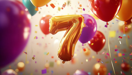 Golden Number 7 Balloon with Colorful Festive Balloons and Confetti, Birthday Celebration Backgroundの素材