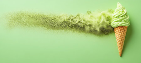 Green tea ice cream in waffle cone with powder explosion on a pastel green background.の素材