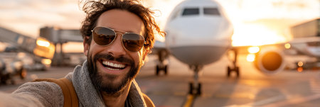 Excited Tourist Taking Selfie, Ready for Vacation Adventure, at Airport During a Beautiful Sunset.の素材