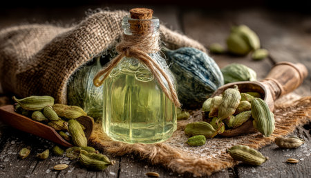 Cardamom Essential Oil with Pods and Seeds on Rustic Wooden Background, Aromatic Spice Conceptの素材